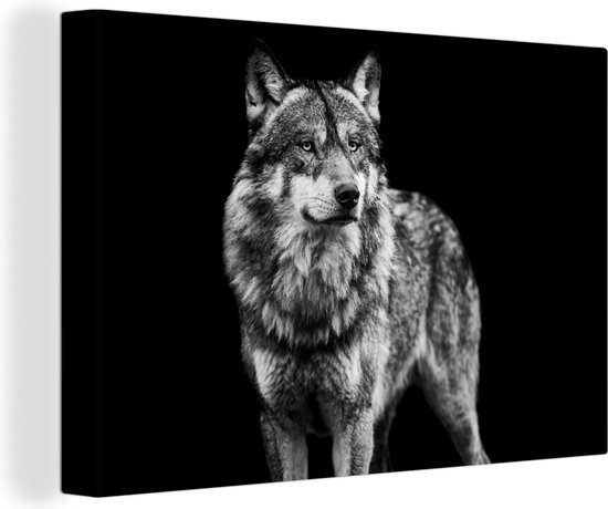 Canvas schilderij - Wilde dieren - Wolf - Zwart - Wit - Canvasdoek - 120x80 cm - Foto op canvas - Woondecoratie