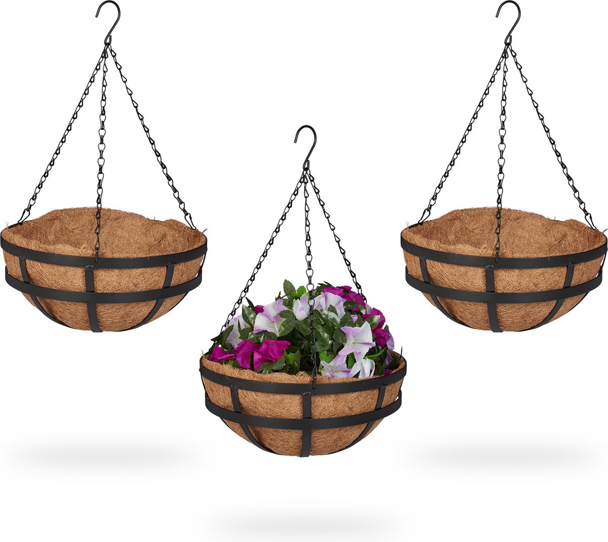 hangende plantenmand - set van 3 - kokos - metaal - 31 cm - plantenhangers - rond