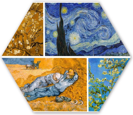 Hexagon wanddecoratie - Kunststof Wanddecoratie - Hexagon Schilderij - Van Gogh - Sterrennacht - Collage - 75x65 cm