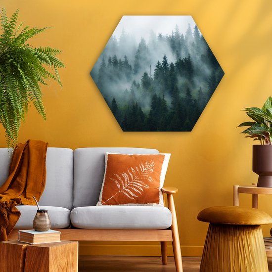 Hexagon wanddecoratie - Kunststof Wanddecoratie - Hexagon Schilderij - Mist - Bomen - Bos - 75x65 cm