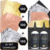 Glim® - Bladmetaal – 300 vellen - GOUD+ZILVER+KOPER - Imitatie bladgoud – GROTE VELLEN >> 16*16cm - A-kwaliteit - INCLUSIEF GRATIS 35ML Lijm & Vernis