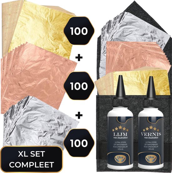 XL set met 300 vellen bladmetaal (goud, zilver, koper) en twee flessen Glim lijm en vernis.