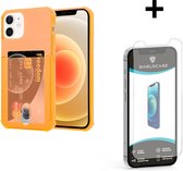 ShieldCase Shock case met pashouder geschikt voor Apple iPhone 12 / 12 Pro - 6.1 inch - Oranje + glazen Screen Protector