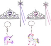 Prinsessen Speelgoed Meisje - Voor bij je prinsessenjurk - Prinses accessoireset - 2 x Kroon (Tiara) - 2 x Toverstaf - Unicorn Hanger - Voor bij je Verkleedkleding - Roze - Paars