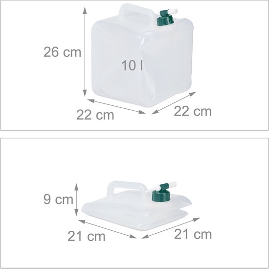 Afmetingen van de opvouwbare jerrycan: 22x22x26 cm (10 liter) en 21x21x9 cm (leeg).