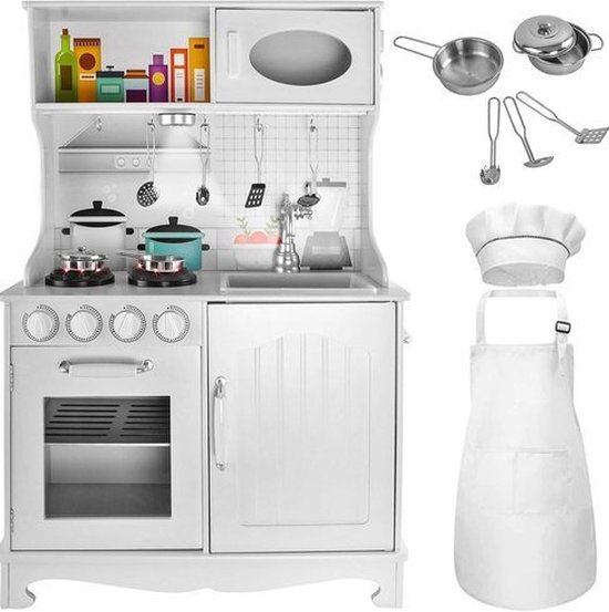 Luxe houten speelkeuken met licht en gratis accessoires - Speelgoed keuken - Met kookplaat en wasbak - 97.5 x 63 x 30 cm