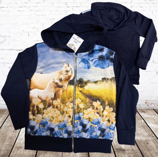 Blauw kindervest met paarden en bloemen -s&C-110/116-Meisjes vest