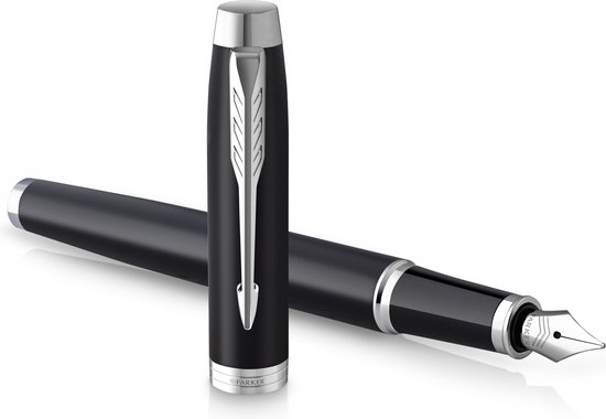 Parker IM Vulpen, premium blauwgrijs met chromen rand, fijne punt met blauwe inktcartridge, geschenkdoos