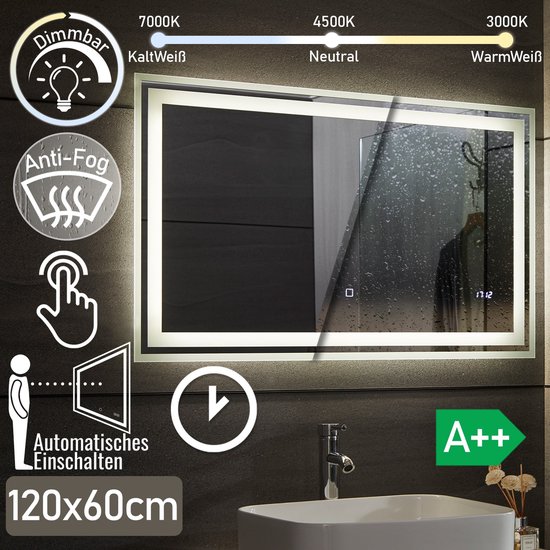 LED Badkamer spiegel 120x 60 cm, digitale klok, dimbaar, anticondensfunctie  | bol.com