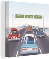 Canvas Schilderij Illustratie van Amerikaanse auto's op een snelweg - 20x20 cm - Wanddecoratie