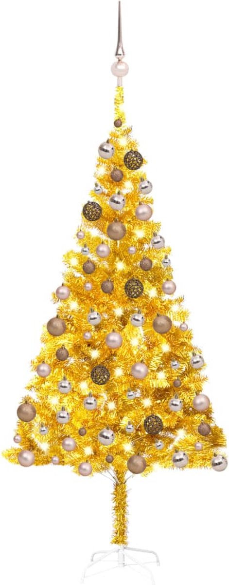Prolenta Premium - Kunstkerstboom met LED's en kerstballen 180 cm PET goudkleurig