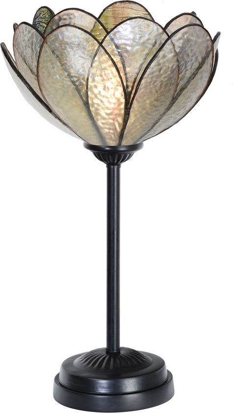 Art Deco Trade - Tiffany slanke tafellamp zwart met Sparkling Pioenroos
