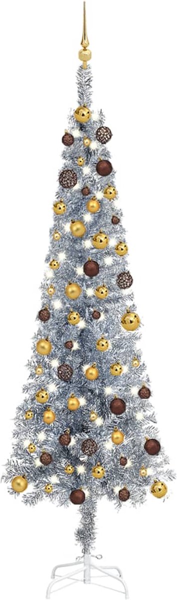 Prolenta Premium - Kerstboom met LED's en kerstballen smal 240 cm zilverkleurig