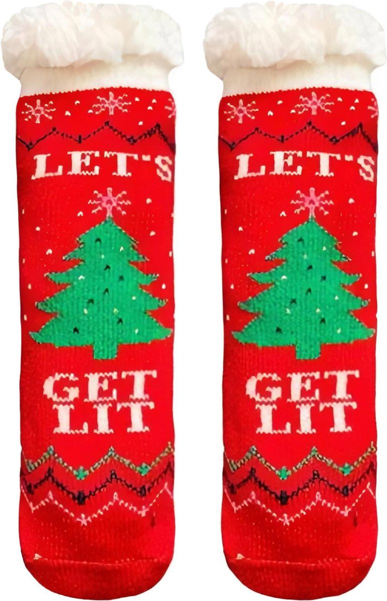 JAXY - Huissokken Dames - Verwarmde Sokken - Anti Slip Sokken - Huissokken - Bedsokken - Warme Sokken - Kerstcadeau Voor Vrouwen - Thermosokken - Dikke Sokken - Fluffy Sokken - Kerstsokken Dames en Heren - Lets Get Lit Rood