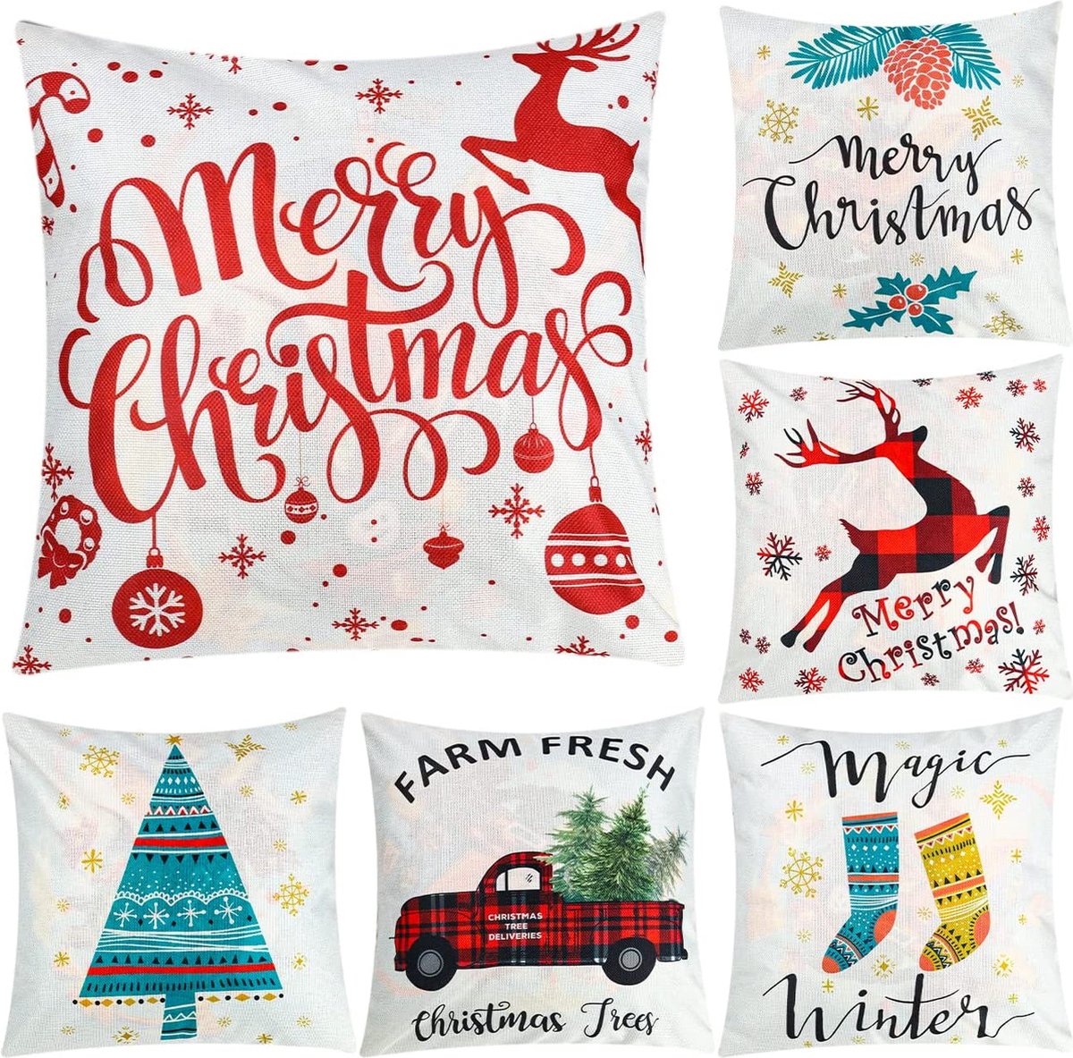 Kussensloop 45x45 cm set van 6 kussenslopen Kerstmis linnen, kerstkussen, decoratief kussen voor Kerstmis, linnen decoratief kussen, kussenovertrek slaapkamer