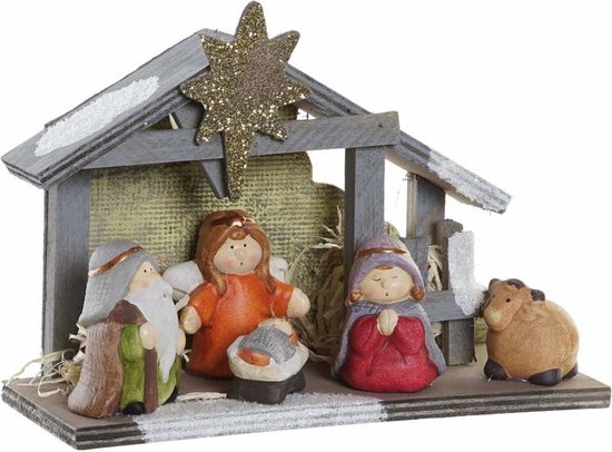 Items Kerststal voor kinderen - met verlichting en beeldjes - 21,5 cm - kinder/kinderkamer kerststalletje