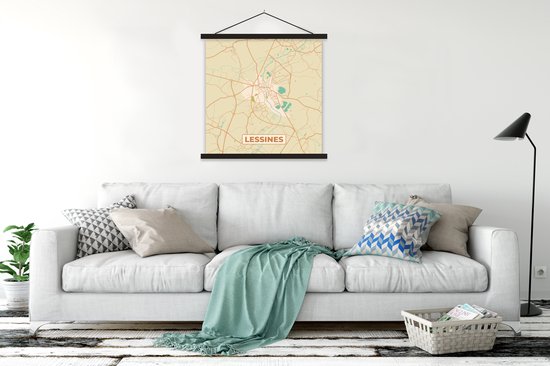 Porte-affiche avec Poster - Affiche scolaire - Vintage - Lessines - Plan de la ville - Plan - Plan - 90x90 cm - Lattes noires - Plan
