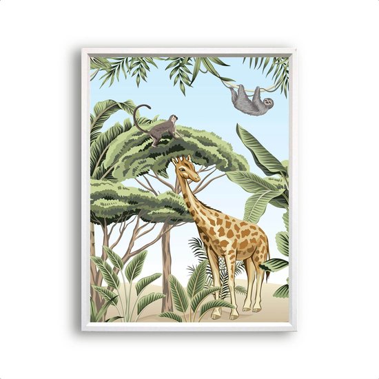 Postercity - Poster Jungle Safari Giraf Aap Luiaard aquarel / waterkleur 2/3 - Jungle/Safari Dieren Poster - Kinderkamer / Babykamer - 50x40cm