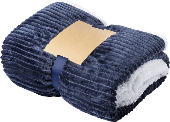 Fleece deken - Plaid - 160 x 125 cm - Fleece - Sherpa - 440 grams - marineblauw - wit