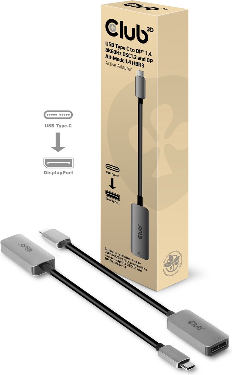 Club 3D USB-C® naar DisplayPort™ 1.4 8K60Hz HBR3 actieve adapter