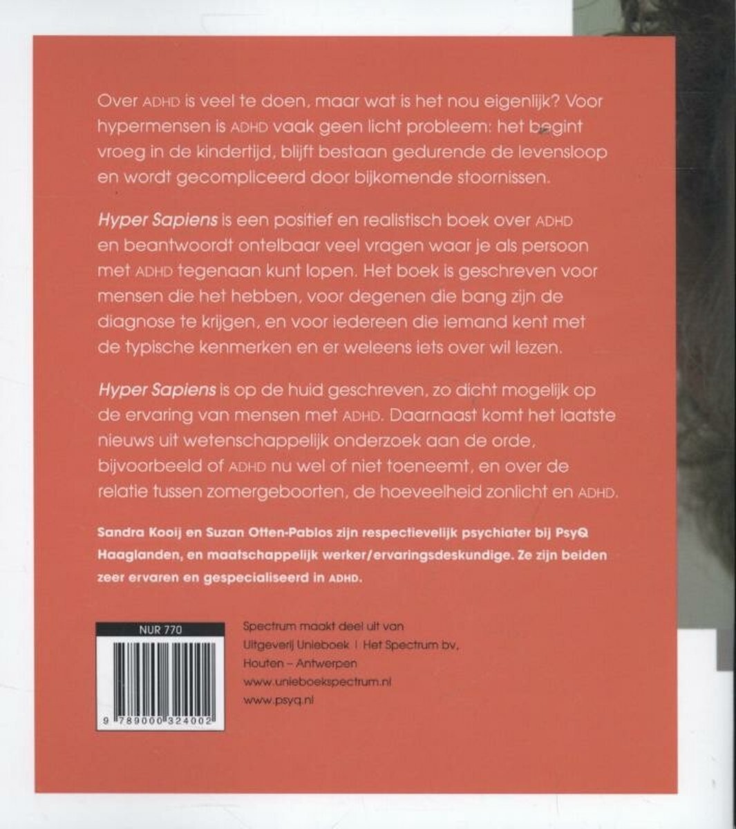 Achterkant van het boek Hyper Sapiens met tekst over ADHD en de auteurs.