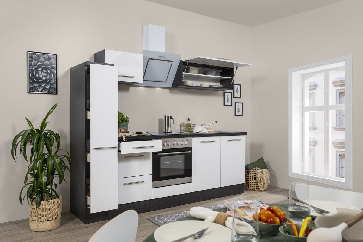 Goedkope keuken 240 cm - complete keuken met apparatuur Amanda - Eiken/Wit - soft close - keramische kookplaat - afzuigkap - oven - spoelbak