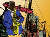 Fotobehangkoning - Behang - Vliesbehang - Fotobehang - Saxophonist in New York - Jazz - Muziek - Café - Horeca - 200 x 154 cm
