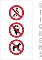 Stickers/ pictogram | Geen steps - Geen ijsjes - Verboden voor honden | 10 x 20 cm | 3 stuks | Recreatie | Verbodsbord | Wassalon | Elektrische steps | Dogs | Icecream | E-step | Glanzend | Rechthoek
