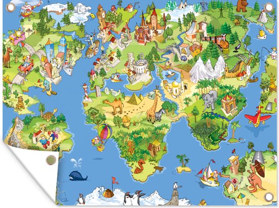 Tuinschilderij Wereldkaart - Kinderen - Natuur - Dieren - Blauw - Groen - 80x60 cm - Tuinposter - Tuindoek - Buitenposter