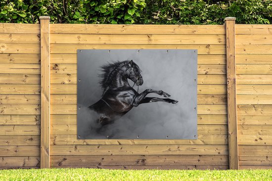 Muurdecoratie buiten Paard - Rook - Zwart - 160x120 cm - Tuindoek - Buitenposter