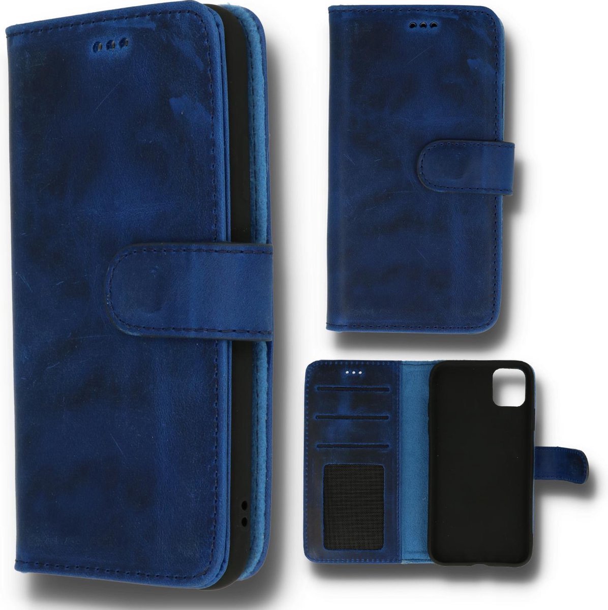 Apple iPhone 14 Hoesje Blauw- Handgemaakt Echt Lederen Portemonnee Book Case met 3x Kaarthouder