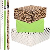 12x Rollen kraft inpakpapier/folie pakket - panterprint/groen/wit met zilveren stippen 200 x 70 cm - dierenprint papier