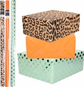 9x Rollen kraft inpakpapier/folie pakket - panterprint/oranje/mint groen met zilveren stippen 200 x 70 cm - dierenprint papier