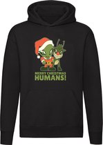 Merry christmas humans Hoodie - kerst - feest - christmas - alien - ruimte - space - dieren - kerstman - rendier - cadeau - grappig - kersttrui - unisex - trui - sweater - capuchon