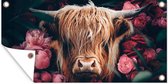 Tuinposter - Schotse hooglander - Tuin - Roze - Botanisch - Dieren - 200x100 cm - Tuindoek - Muurdecoratie