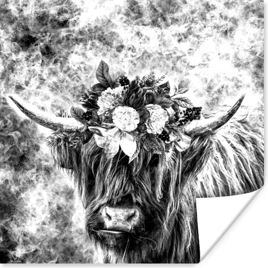 Poster Schotse hooglander - Dieren - Bloemen - Zwart - Wit - 30x30 cm