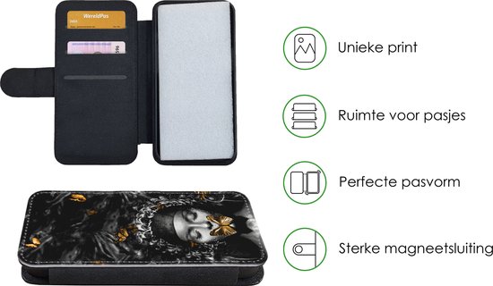 Telefoonhoesje Geschikt voor iPhone 8 telefoonhoesje - Vrouw - Vlinders - Zwart - Wit - Met vakjes - Wallet case met magneetsluiting