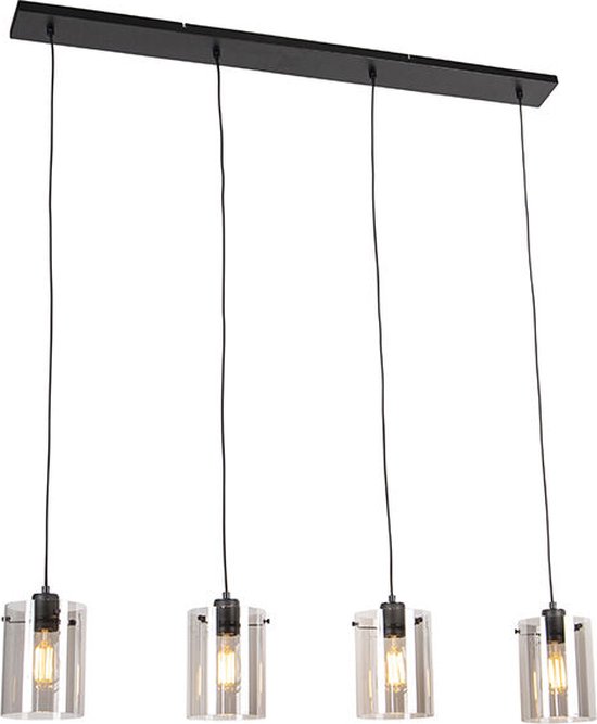 Lumière Hanglamp Patricia Zwart | Hanglamp voor boven de eettafel | 4-lichts | Lengte 120 cm | hanglamp zwart | hanglampen eetkamer | hanglamp smoke glas