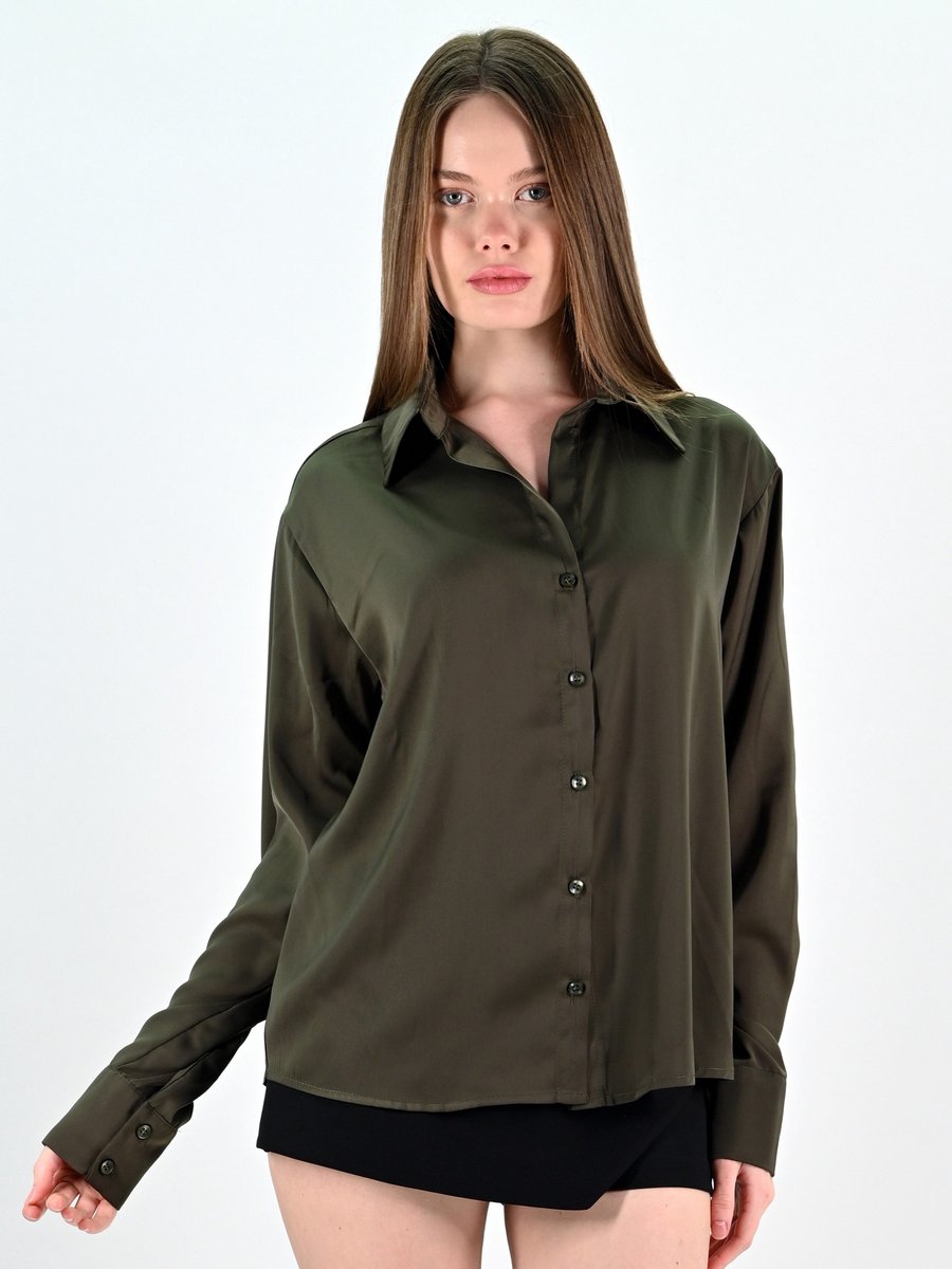 YesMooi - Basis Satijnen Blouse - Kaki - XL (42)