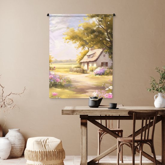 Tapisserie murale 90x120 cm - Tenture murale Maison - Bois - Fleurs - Tapisserie - Tapisseries