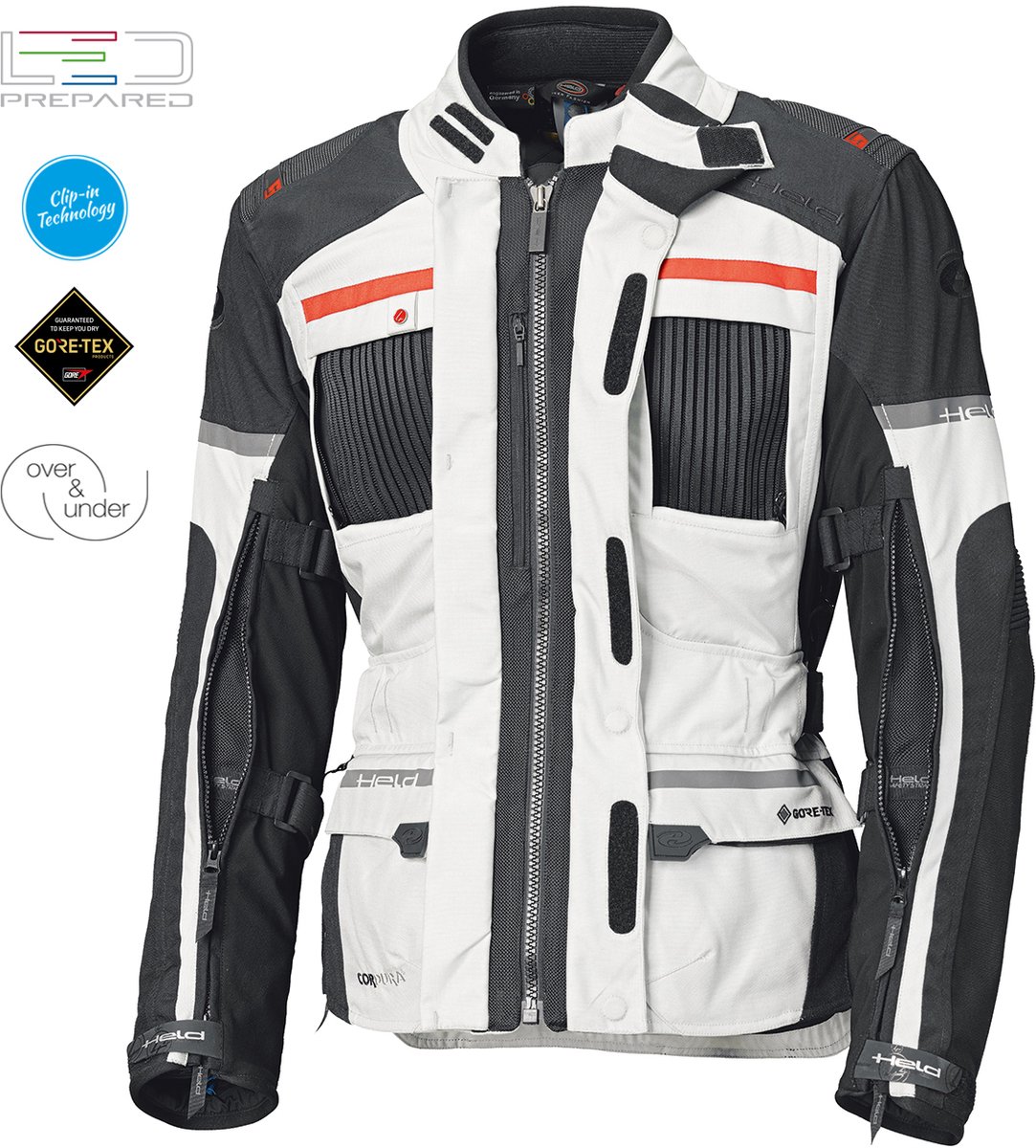 Held Carese Evo GTX Lichtgrijs Rood Textiele Motorjas - Jas
