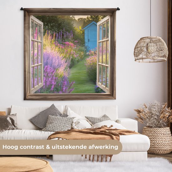 Tapisserie 150x150 cm - Tenture murale Vue - Fleurs - Fenêtre - Nature - Tapisserie murale - Tentures murales