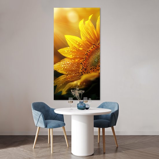 Poster 80x160 cm - Zonnebloem - Dauwdruppels - Geel - Zonlicht - Posters - Kamer decoratie - Wanddecoratie woonkamer - Muurdecoratie slaapkamer