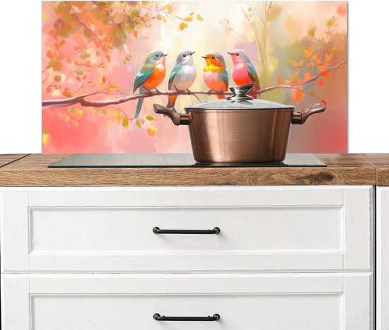 Crédence de Cuisinière en Aluminium 90x45 cm - Oiseaux - Coloré - Branche - Écran Pare-éclaboussures pour Plaque de Cuisson - Protection Murale