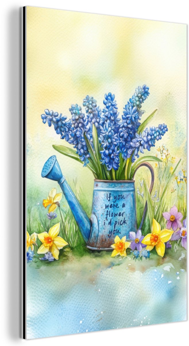 Aluminium schilderij 80x120 cm - Wanddecoratie metaal - Lavendelbloemen - Quote - Gieter -