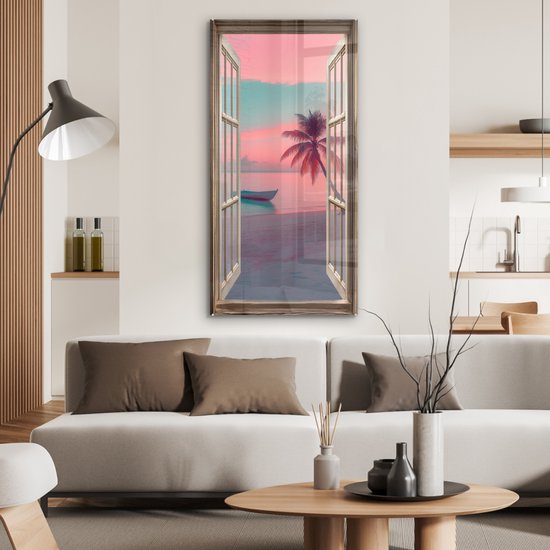 MuchoWow® Glasschilderij 60x120 cm - Schilderij acrylglas - Doorkijk - Strand - Palmboom - Tropisch - Foto op glas - Muurdecoratie woonkamer - Wanddecoratie slaapkamer - Schilderijen