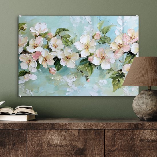MuchoWow® Tableau sur verre 60x40 cm - Tableau acrylique sur verre - Fleurs - Feuilles - Bleu clair - Photo sur verre - Décoration murale salon - Décoration murale chambre - Peintures