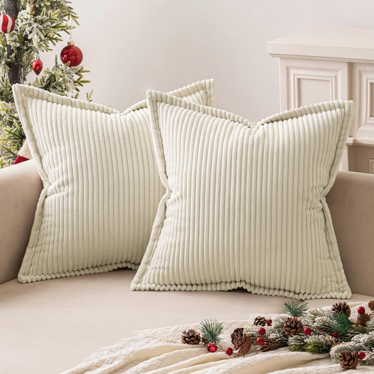 My Ninki ® Zachte Corduroy Kussenhoezen voor Moderne Interieurdecoratie - Set van 2, 50 x 50 cm, Crème beige