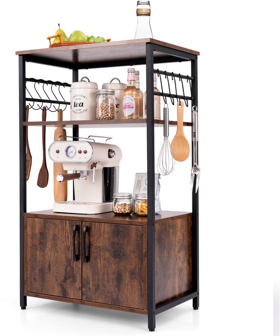 COSTWAY Étagère de cuisine avec placard, étagère de boulanger à 3 niveaux avec 2 étagères ouvertes et 10 crochets, étagère à micro-ondes industrielle avec cadre en métal, étagère sur pied pour cuisine, salle à manger, 60 x 40 x 100 cm