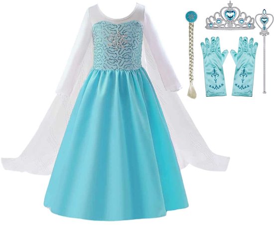 Frozen Princess Elsa Dress - Robe de princesse drag - Taille 116/122 (130) + couronne, tresse, bâton, gants - robe d'habillage